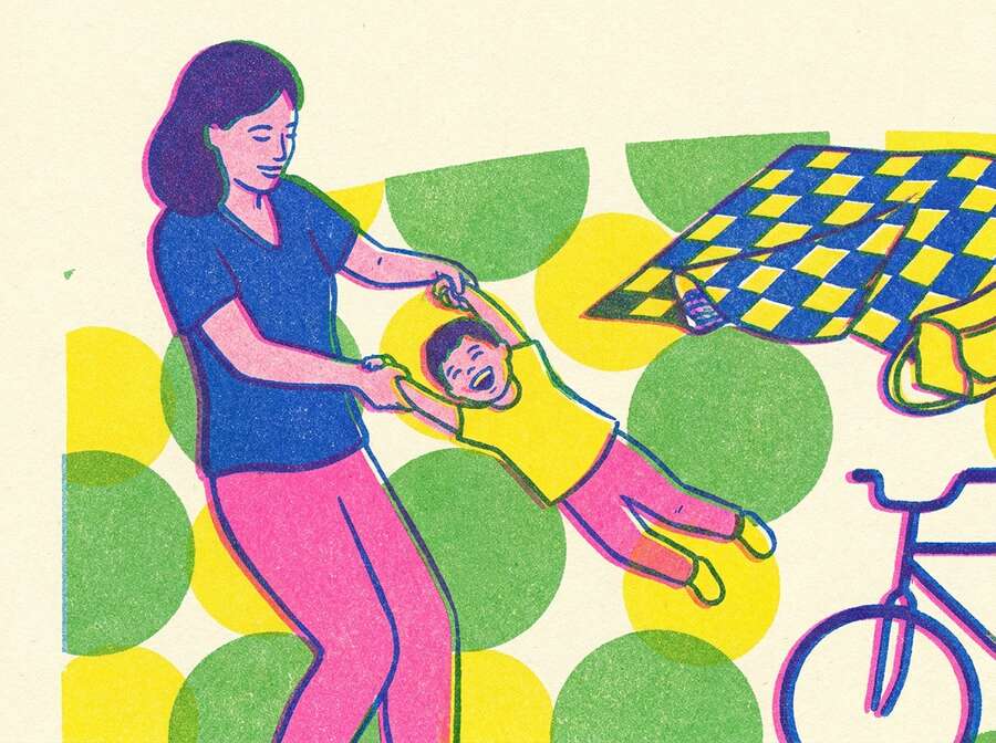 Riso ilustrace: máma točí dítě na louce